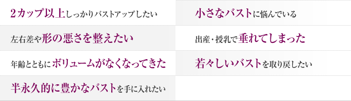 2カップ以上しっかりバストアップしたい。小さなバストに悩んでいる。左右差や形の悪さを整えたい。出産・授乳で垂れてしまった。年齢とともにボリュームがなくなってきた。若々しいバストを取り戻したい。半永久的に豊かなバストを手に入れたい。