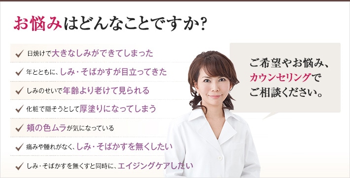 どれかひとつでも当てはまったら、当院にご相談ください。しみ・そばかすのない肌を手に入れるチェックリスト　日焼けで大きなしみができてしまった　年とともに、しみ・そばかすが目立ってきた　しみのせいで年齢より老けて見られる　化粧で隠そうとして厚塗りになってしまう　頬の色ムラが気になっている　痛みや腫れがなく、しみ・そばかすを無くしたい　しみ・そばかすを無くすと同時に、老化を予防したい