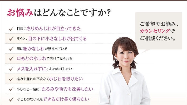 どれかひとつでも当てはまったら、当院にご相談ください。小じわのない若々しい肌を手に入れるチェックリスト 目尻にちりめんじわが目立ってきた 笑うと、目の下に小さなしわが出てくる 頬に細かなしわが浮き出ている 頬に細かなしわが浮き出ている メスを入れずに小じわのばしたい 痛みや腫れの不安なく小じわを取りたい 小じわと一緒に、たるみや毛穴も改善したい 小じわのない肌をできるだけ長く保ちたい