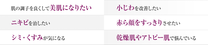 肌の調子を良くして美肌になりたい 小じわを改善したい ニキビを治したい 赤ら顔をすっきりさせたい シミ・くすみが気になる 乾燥肌やアトピー肌で悩んでいる