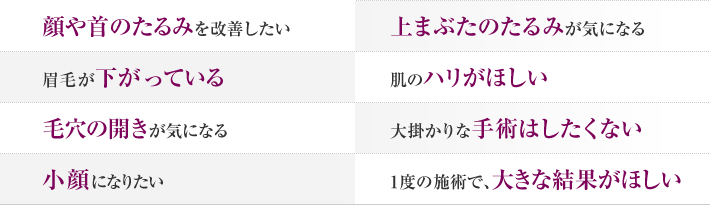 顔や首のたるみを改善したい　上まぶたのたるみが気になる　眉毛が下がっている　肌のハリがほしい　毛穴の開きが気になる　大掛かりな手術はしたくない　小顔になりたい　1度の施術で、大きな結果がほしい