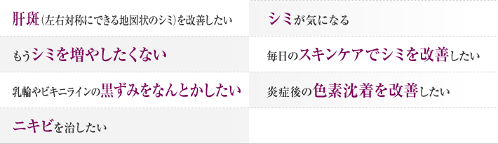 肝斑（左右対称にできる地図状のシミ）を改善したい　シミが気になる　もうシミを増やしたくない　毎日のスキンケアでシミを改善したい　乳輪やビキニラインの黒ずみをなんとかしたい　炎症後の色素沈着を改善したい　ニキビを治したい