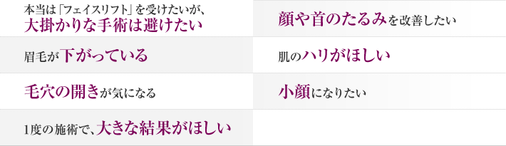 本当は「フェイスリフト」を受けたいが、大掛かりな手術は避けたい　顔や首のたるみを改善したい　眉毛が下がっている　肌のハリがほしい　毛穴の開きが気になる　小顔になりたい　1度の施術で、大きな結果がほしい
