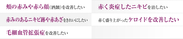 頬の赤みや赤ら顔を改善したい 赤く炎症したニキビを治したい 赤みのあるニキビ跡や赤あざをきれいにしたい 赤く盛り上がったケロイドを改善したい 毛細血管拡張症を改善したい