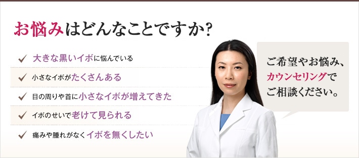 どれかひとつでも当てはまったら、当院にご相談ください。イボのないなめらかな肌を手に入れるチェックリスト 大きな黒いイボに悩んでいる 小さなイボがたくさんある 目の周りや首に小さなイボが増えてきた イボのせいで老けて見られる イボのせいで老けて見られる