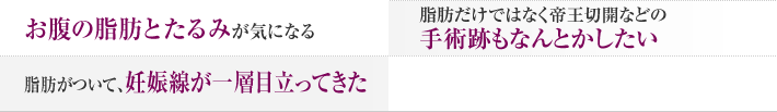お腹の脂肪とたるみが気になる 脂肪だけではなく帝王切開などの手術跡もなんとかしたい 脂肪がついて、妊娠線が一層目立ってきた