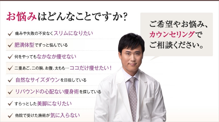 どれかひとつでも当てはまったら、当院にご相談ください。理想のボディラインを手に入れるチェックリスト　痛みや失敗の不安なくスリムになりたい　肥満体型でずっと悩んでいる　何をやってもなかなか痩せない　二重あご、二の腕、お腹、太もも…ココだけ痩せたい！　自然なサイズダウンを目指している　自然なサイズダウンを目指している　すらっとした美脚になりたい　他院で受けた施術が気に入らない
