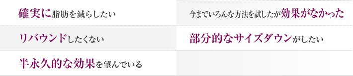確実に脂肪を減らしたい 今までいろんな方法を試したが効果がなかった リバウンドしたくない 部分的なサイズダウンがしたい 半永久的な効果を望んでいる