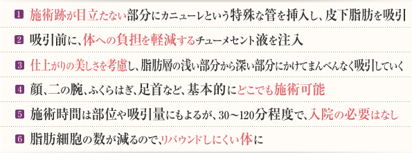 施術跡が目立たない部分にカニューレという特殊な管を挿入し、皮下脂肪を吸引。吸引前に、体への負担を軽減するチューメセント液を注入。仕上がりの美しさを考慮し、脂肪層の浅い部分から深い部分にかけてまんべんなく吸引していく。顔、二の腕、ふくらはぎ、足首など、基本的にどこでも施術可能。施術時間は部位や吸引量にもよるが、30〜120分程度で、入院の必要はなし。脂肪細胞の数が減るので、リバウンドしにくい体に。