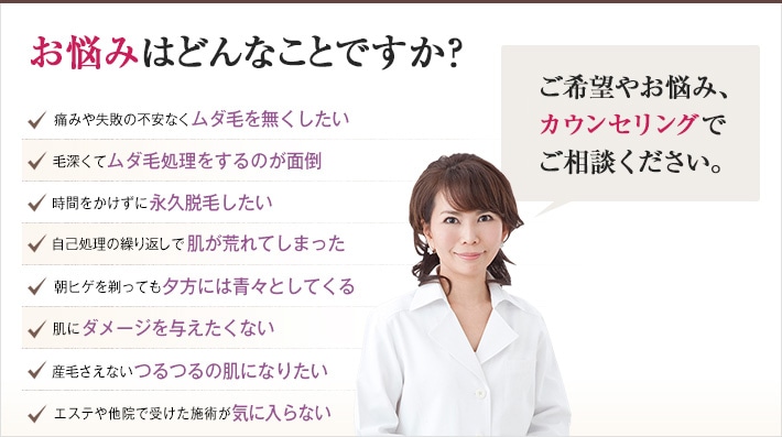 どれかひとつでも当てはまったら、当院にご相談ください。理想の脱毛を実現するチェックリスト 痛みや失敗の不安なくムダ毛を無くしたい 毛深くてムダ毛処理をするのが面倒 時間をかけずに永久脱毛したい 自己処理の繰り返しで肌が荒れてしまった 朝ヒゲを剃っても夕方には青々としてくる 肌にダメージを与えたくない 産毛さえないつるつるの肌になりたい エステや他院で受けた施術が気に入らない