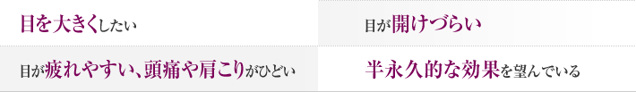 目を大きくしたい。目が開けづらい。目が疲れやすい、頭痛や肩こりがひどい。半永久的な効果を望んでいる。