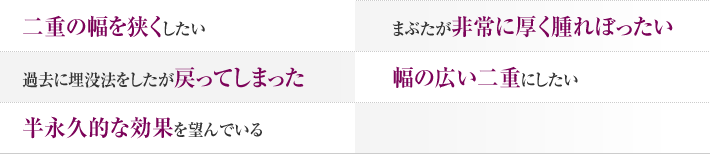 二重の幅を狭くしたい。まぶたが非常に厚く腫れぼったい。過去に埋没法をしたが戻ってしまった。幅の広い二重にしたい 半永久的な効果を望んでいる。