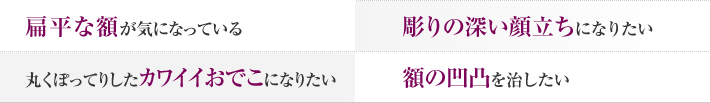 扁平な額が気になっている。彫りの深い顔立ちになりたい。丸くぽってりしたカワイイおでこになりたい。額の凹凸を治したい。
