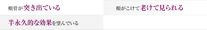 頬骨が突き出ている。頬がこけて老けて見られる。半永久的な効果を望んでいる。