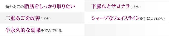 頬やあごの脂肪をしっかり取りたい。下膨れとサヨナラしたい。二重あごを改善したい。シャープなフェイスラインを手に入れたい。半永久的な効果を望んでいる。