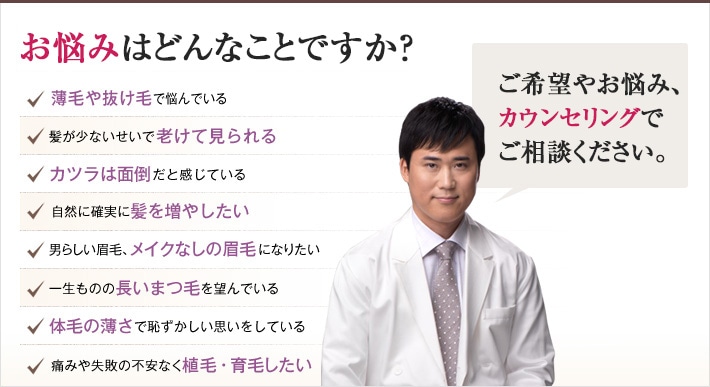 どれかひとつでも当てはまったら、当院にご相談ください。増やしたい毛に関するチェックリスト 薄毛や抜け毛で悩んでいる 髪が少ないせいで老けて見られる 髪が少ないせいで老けて見られる 自然に確実に髪を増やしたい 男らしい眉毛、メイクなしの眉毛になりたい 一生ものの長いまつ毛を望んでいる 体毛の薄さで恥ずかしい思いをしている 痛みや失敗の不安なく植毛・育毛したい
