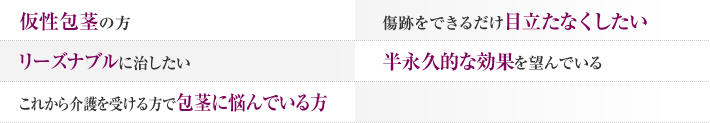 仮性包茎の方 傷跡をできるだけ目立たなくしたい リーズナブルに治したい 半永久的な効果を望んでいる これから介護を受ける方で包茎に悩んでいる方