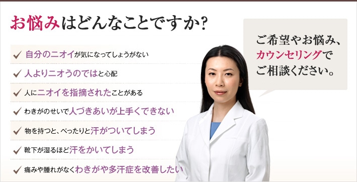 どれかひとつでも当てはまったら、当院にご相談ください。ニオイと汗の悩みを解決するチェックリスト　自分のニオイが気になってしょうがない　人よりニオうのではと心配　人にニオイを指摘されたことがある　わきがのせいで人づきあいが上手くできない　物を持つと、べったりと汗がついてしまう　靴下が湿るほど汗をかいてしまう　痛みや腫れがなくわきがや多汗症を改善したい