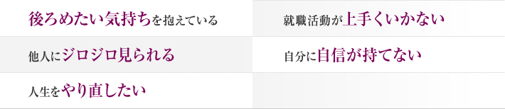 後ろめたい気持ちを抱えている 就職活動が上手くいかない 他人にジロジロ見られる 自分に自信が持てない 人生をやり直したい