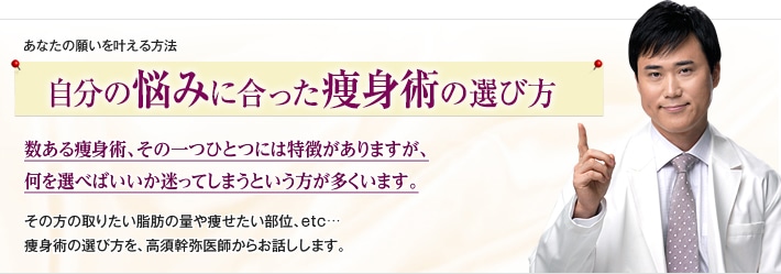 あなたの願いを叶える方法 自分にジャストフィットする痩身術の選び方 数ある痩身術、その一つひとつには特徴がありますが、何を選べばいいか迷ってしまうという方が多くいます。その方の取りたい脂肪の量や痩せたい部位、さらには気持ちにジャストフィットする痩身術の選び方を、高須幹弥医師からお話しします。