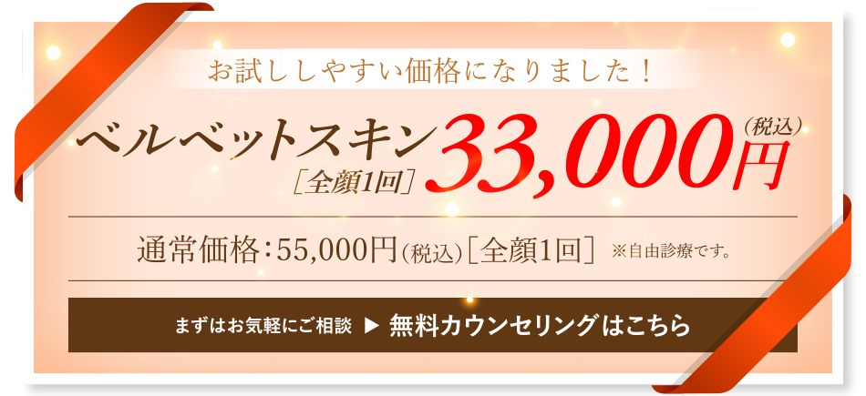 お試ししやすい価格になりました！ベルベットスキン［全顔1回］33,000円(税込)／通常価格：55,000円（税込）［全顔1回］※自由診療です。／まずはお気軽にご相談 → 無料カウンセリングはこちら