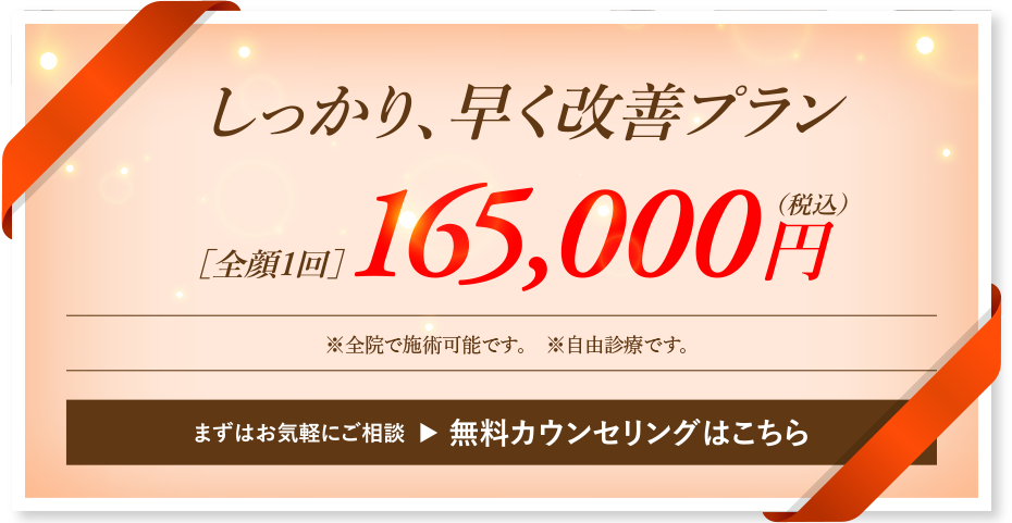 しっかり、早く改善プラン［全顔1回］110,000円（税込）通常価格：165,000円（税込）［全顔1回］※全院で施術可能です。※自由診療です。まずはお気軽にご相談 → 無料カウンセリングはこちら