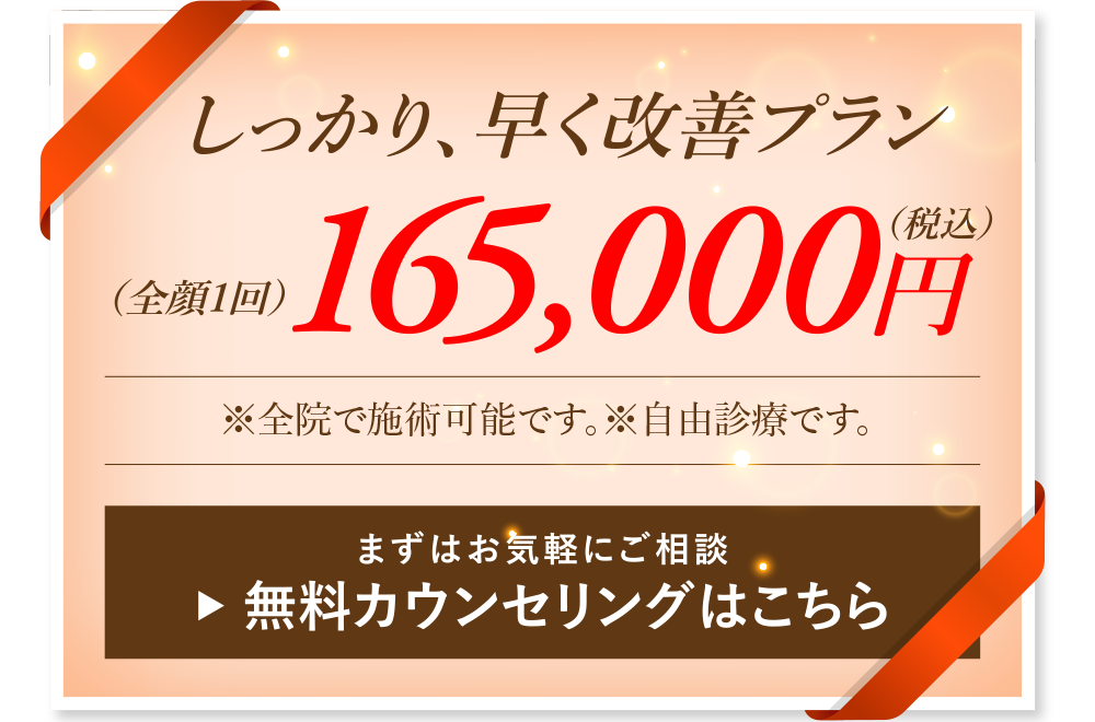 しっかり、早く改善プラン［全顔1回］110,000円（税込）通常価格：165,000円（税込）［全顔1回］※全院で施術可能です。※自由診療です。まずはお気軽にご相談 → 無料カウンセリングはこちら