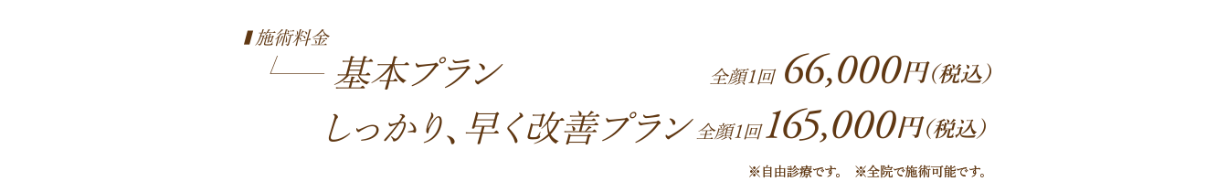 [施術料金]基本プラン 全顔1回 66,000円（税込）／しっかり、早く改善プラン 全顔1回 165,000円（税込）／※全院で施術可能です。※自由診療です。