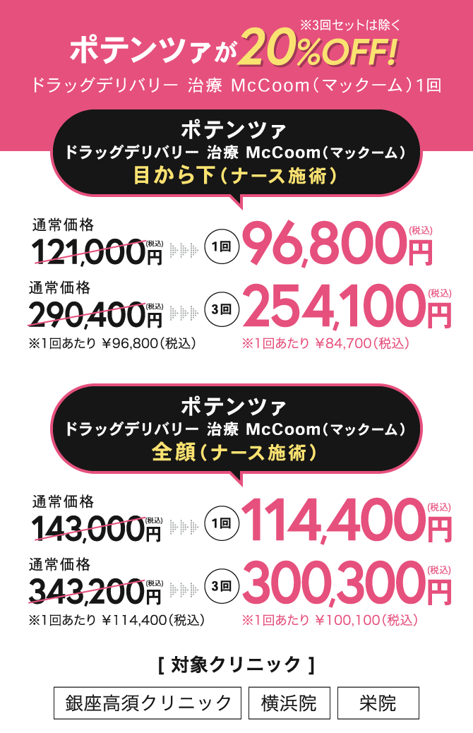 ポテンツァが20％OFF！※3回セットは除く ドラッグデリバリー治療　McCoom（マックーム）1回 ポテンツァ　ドラッグデリバリー治療McCoom（マックーム）目から下（ナース施術）1回96,800円（税込）3回254,100円（税込） / ポテンツァドラッグデリバリー治療McCoom（マックーム）全顔（ナース施術）1回114,400円（税込）3回300,300円（税込） / [ 対象クリニック ]銀座高須クリニック / 横浜院 / 栄院