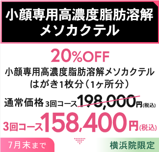 小顔専用高濃度脂肪溶解 メソカクテル 20%OFF メソカクテルはがき1枚分（1カ所分）3回コース 158,400円(税込) 1月末まで 横浜院限定