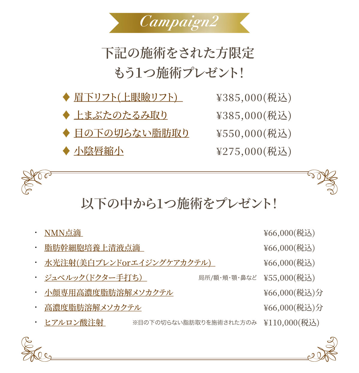 下記の施術をされた方限定もう１つ施術プレゼント！／対象施術：眉下リフト(上眼瞼リフト)、上まぶたのたるみ取り、目の下の切らない脂肪取り、小陰唇縮小／以下の中から1つ施術をプレゼント！NMN点滴、脂肪幹細胞培養上清液点滴、水光注射(美白ブレンドorエイジングケアカクテル)、ジュベルック（ドクター手打ち）、小顔専用高濃度脂肪溶解メソカクテル、高濃度脂肪溶解メソカクテル、ヒアルロン酸注射（※目の下の切らない脂肪取りを施術された方のみ）
