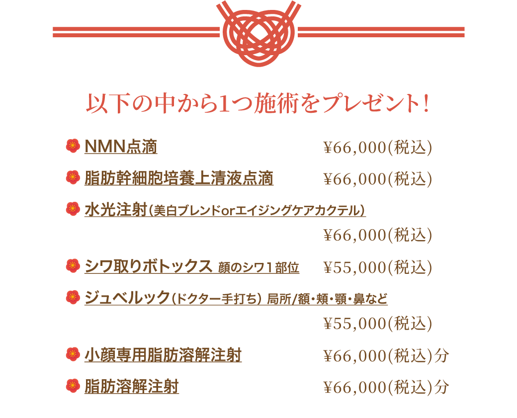 以下の中から1つ施術をプレゼント！ NMN点滴・脂肪幹細胞培養上清液点滴・水光注射（美白ブレンドorエイジングケアカクテル）・シワ取りボツリヌストキシン注射（顔のシワ１部位）・ジュベルック（ドクター手打ち）局所・小顔専用脂肪溶解注射（¥66,000（税込）分）・脂肪溶解注射（¥66,000（税込）分）