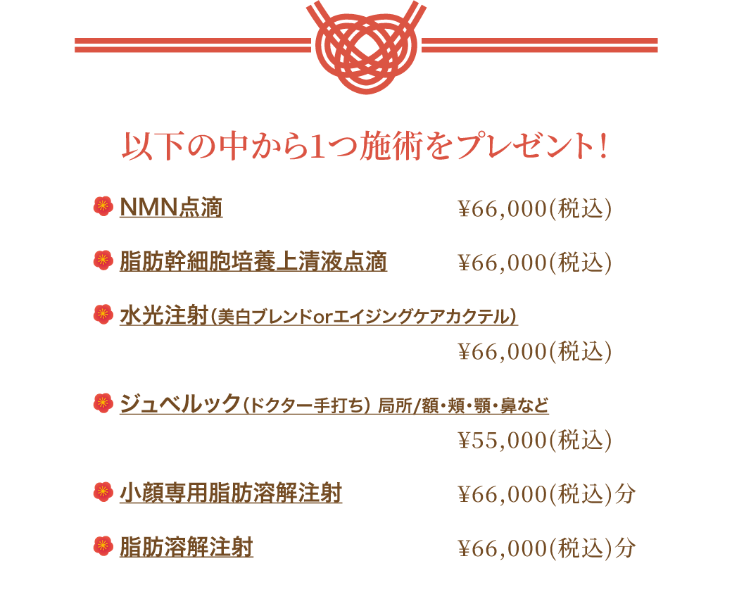 以下の中から1つ施術をプレゼント！ NMN点滴・脂肪幹細胞培養上清液点滴・水光注射（美白ブレンドorエイジングケアカクテル）・ジュベルック（ドクター手打ち）局所・小顔専用脂肪溶解注射（¥66,000（税込）分）・脂肪溶解注射（¥66,000（税込）分）