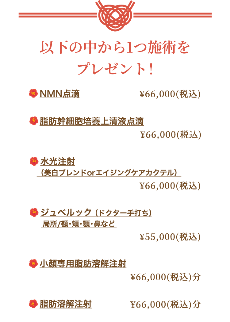 以下の中から1つ施術をプレゼント！ NMN点滴・脂肪幹細胞培養上清液点滴・水光注射（美白ブレンドorエイジングケアカクテル）・ジュベルック（ドクター手打ち）局所・小顔専用脂肪溶解注射（¥66,000（税込）分）・脂肪溶解注射（¥66,000（税込）分）