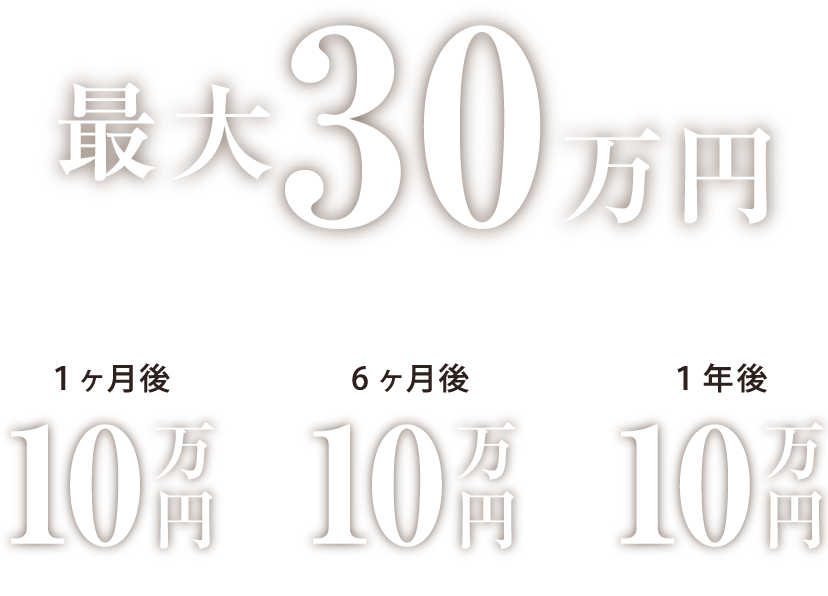 最大30万円/支給スケジュール 1ヶ月後10万円 6ヶ月後10万円 1年後10万円