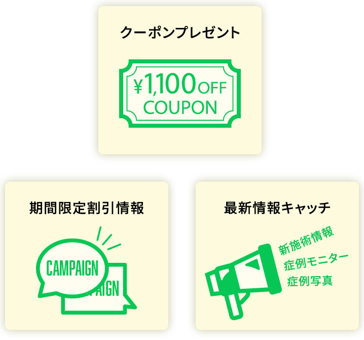 クーポンプレゼント/プレゼント情報/期間限定割引情報/LINE友達限定企画情報/最新情報キャッチ/来院予約カンタン！