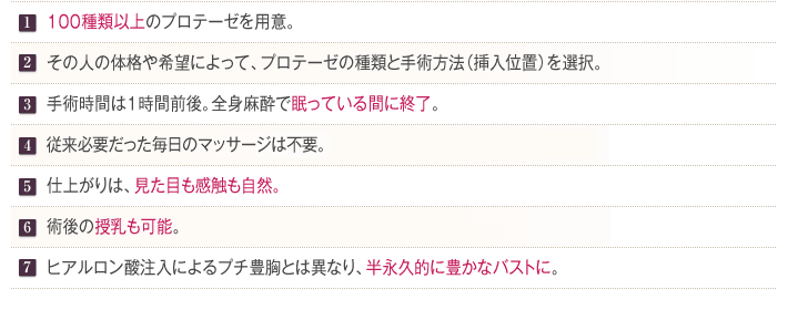 1.100種類以上のプロテーゼを用意。イメージに近い大きさと形にできる。2.その人の体格や希望によって、プロテーゼの種類と手術方法（挿入位置）を選択。3.手術時間は1時間前後。全身麻酔で眠っている間に終了。4.従来必要だった毎日のマッサージは不要。5.仕上がりは、見た目も感触も自然。ブラジャーでのバストメイクも思いのまま6.術後の授乳も可能。7.ヒアルロン酸注入によるプチ豊胸とは異なり、半永久的に豊かなバストに。