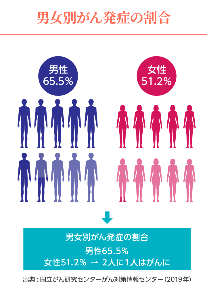 【男女別がん発症の割合】男性65.5％、女性51.2％→2人に1人はがんに　「出典：国立がん研究センターがん対策情報センター（2019年）