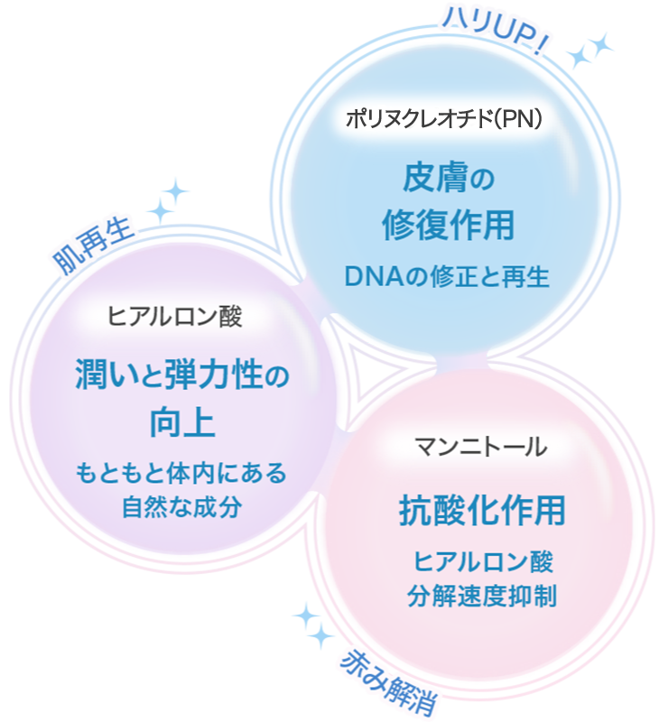 『ハリUP！「ポリヌクレオチド（PN）」皮膚の修復作用／DNAの修正と再生』『肌再生「ヒアルロン酸」潤いと弾力性の向上／もともと体内にある自然な成分』『赤み解消「マンニトール」抗酸化作用／ヒアルロン酸分解速度抑制』