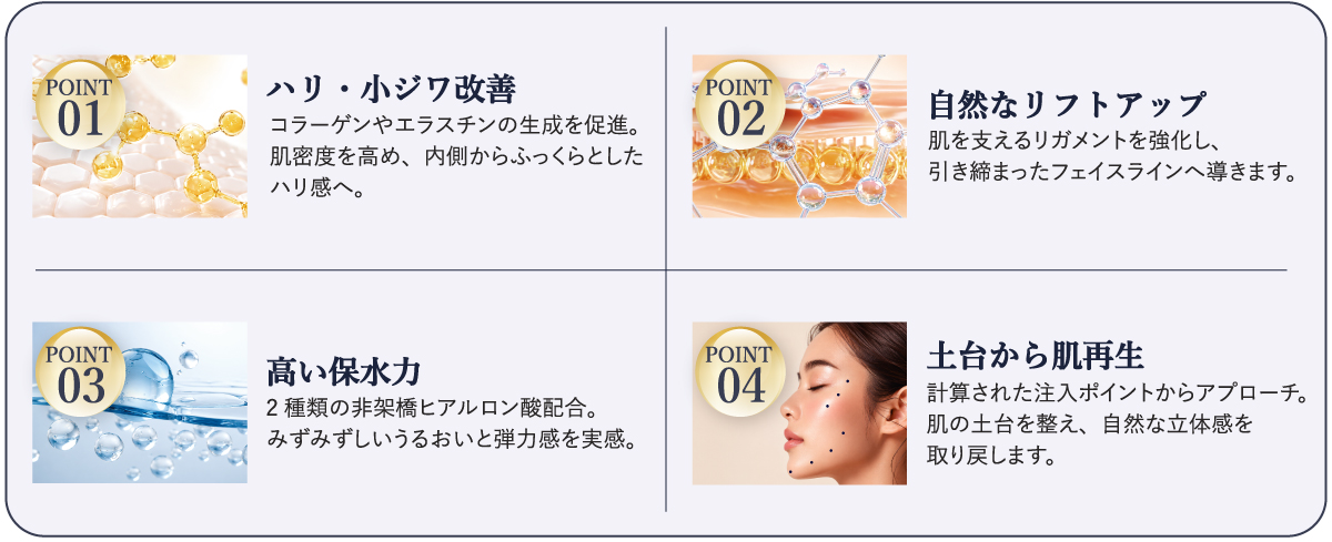 POINT01 ハリ・小ジワ改善 コラーゲンやエラスチンの生成を促進。肌密度を高め、内側からふっくらとしたハリ感へ。／POINT02 自然なリフトアップ 肌を支えるリガメントを強化し、引き締まったフェイスラインへ導きます。／POINT03 高い保水力 2種類の非架橋ヒアルロン酸配合。みずみずしいうるおいと弾力感を実感。／POINT04 土台から肌再生 計算された注入ポイントからアプローチ。肌の土台を整え、自然な立体感を取り戻します。