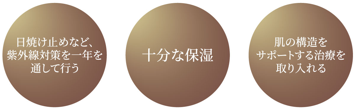 日焼け止めなど、紫外線対策を一年を通して行う／十分な保湿／肌の構造をサポートする治療を取り入れる