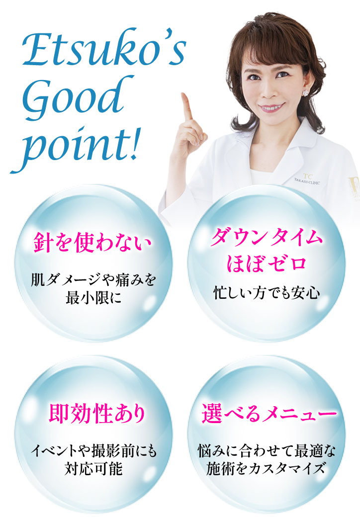 Etsuko’s Good point!/針を使わない 肌ダメージや痛みを最小限に/ダウンタイム
			ほぼゼロ 忙しい方でも安心/即効性あり イベントや撮影前にも対応可能/選べるメニュー 悩みに合わせて最適な
			施術をカスタマイズ