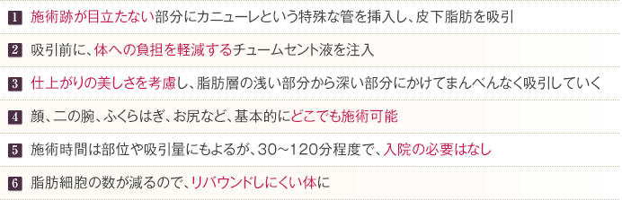 1.施術跡が目立たない部分にカニューレという特殊な管を挿入し、皮下脂肪を吸引　2.吸引前に、体への負担を軽減するチュームセント液を注入　3.仕上がりの美しさを考慮し、脂肪層の浅い部分から深い部分にかけてまんべんなく吸引していく　4.顔、二の腕、ふくらはぎ、お尻など、基本的にどこでも施術可能　5.施術時間は部位は吸引量にもよるが、30～120分程度で、入院の必要はなし　6.脂肪細胞の数が減るので、リバウンドしにくい体に