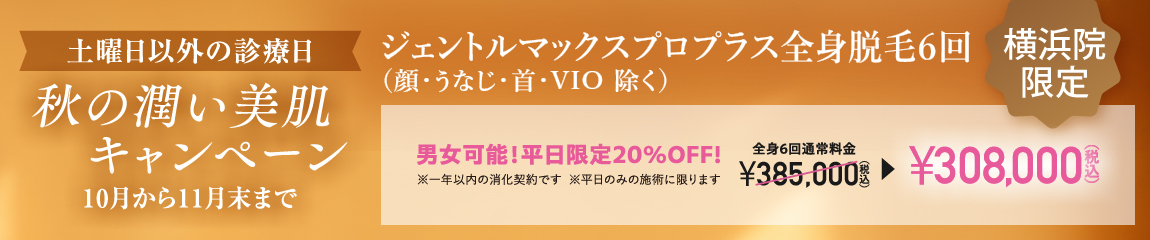 ジェントルマックスプロプラス キャンペーン/全身脱毛6回（顔・うなじ・首・VIO除く）男女可能！平日限定20％OFF！ 308,000円（税込）/横浜院限定/土曜日以外の診療日 平日のみの施術/10月～11月末まで