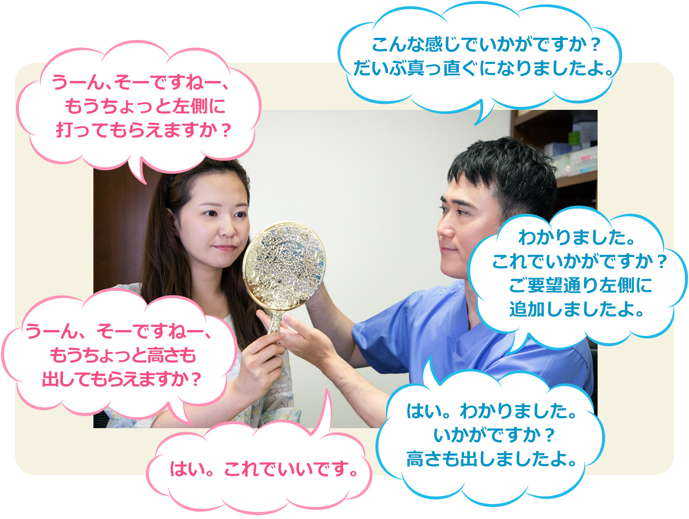 こんな感じでいかかですか？だいぶ真っ直ぐになりましたよ。うーん、そーですねー、もうちょっと左側に打ってもらえますか？わかりました。これでいかがですか？ご要望通り左側に追加しましたよ。うーん、そーですねー、もうちょっと高さも出してもらえますか？はい。わかりました。いかかですか？高さも出しましたよ。はい。これでいいです。