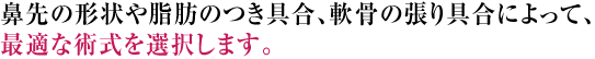 鼻先の形状や脂肪のつき具合、軟骨の張り具合によって、術式を選択します。