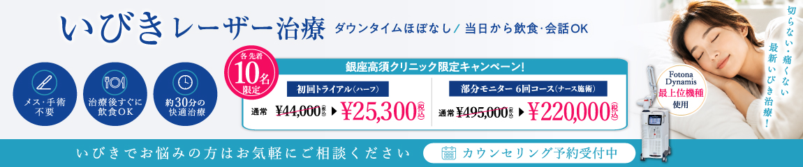 いびきレーザー治療 キャンペーン／初回トライアル（ハーフ）通常￥44,000（税込）→￥25,300（税込）／部分モニター 6回コース（ナース施術）通常￥495,000（税込）→￥220,000（税込）／銀座高須クリニック 各先着10名限定