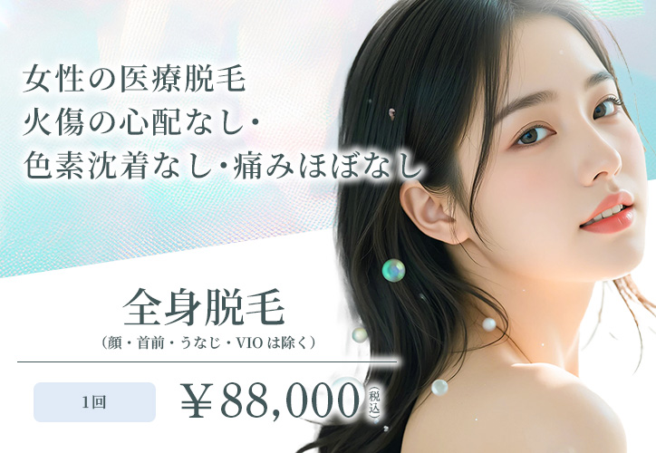 女性の医療脱毛／全身脱毛（顔・首前・うなじ・VIOは除く） 1回 ￥88,000（税込）