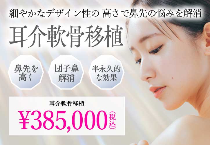 細やかなデザイン性の高さで鼻先の悩みを解消／耳介軟骨移植／鼻先を高く、団子鼻解消、半永久的な効果／385,000円（税込）