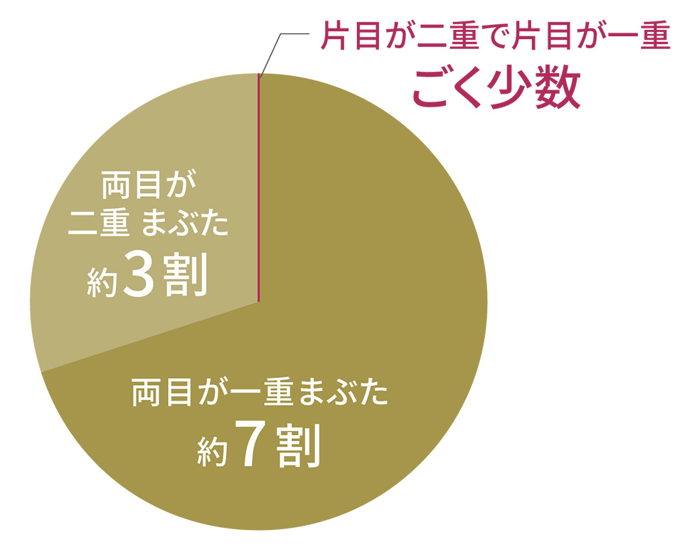 両目が一重まぶた 約7割/両目が二重 まぶた 約3割/片目が二重で片目が一重 ごく少数